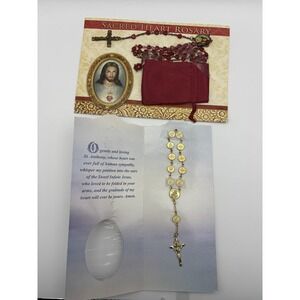 Sacred Heart‎ Rosary Red Beads w/Pouch + St Anthony Palm Rosary Chaplet Catholic